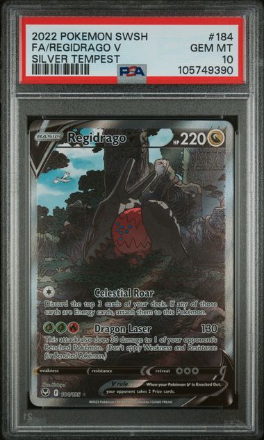 Pokemon TCG! 2022 POKEMON SWORD & SHIELD SILVER TEMPEST #184 FA/REGIDRAGO V SILVER TEMPEST PSA 10