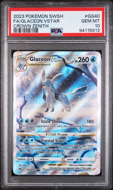 Pokemon TCG! 2023 POKEMON SWORD AND SHIELD CROWN ZENITH #GG40 FA/GLACEON VSTAR CROWN ZENITH PSA 10