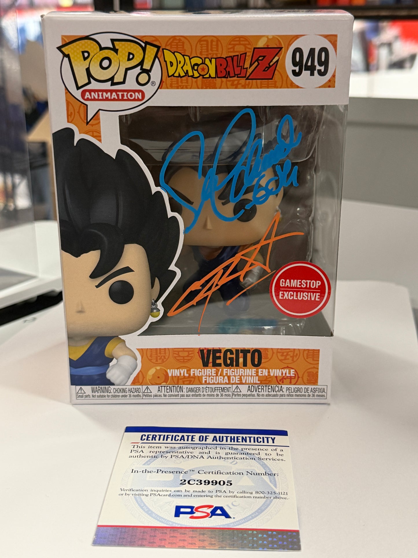 Dragon Ball Vegito Metallic GameStop Funko Pop 949 Signed Chris Sabat Sean Schemmel PSA + PoP Protector