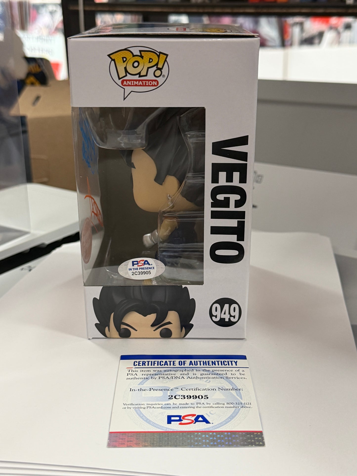 Dragon Ball Vegito Metallic GameStop Funko Pop 949 Signed Chris Sabat Sean Schemmel PSA + PoP Protector