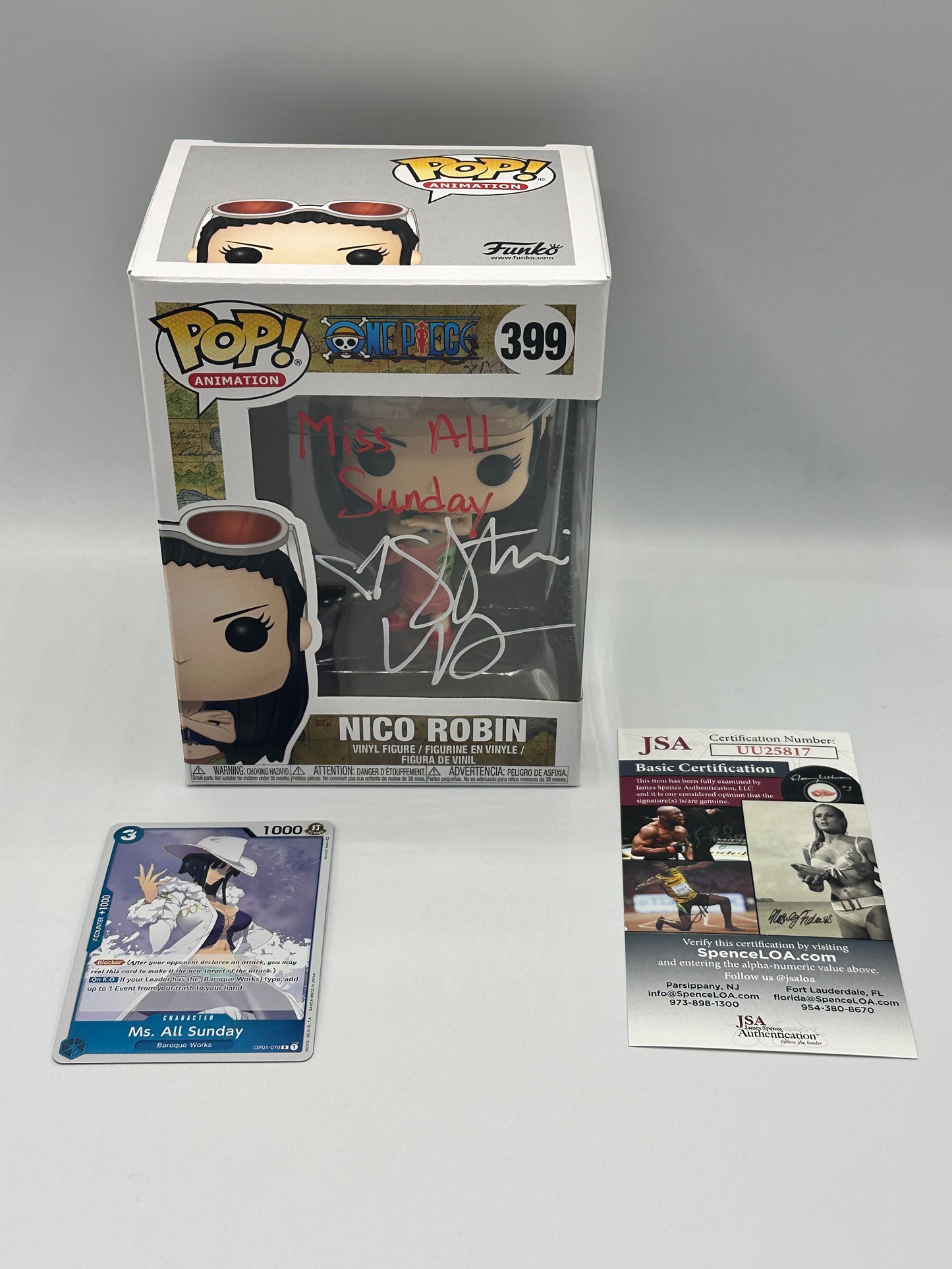 Funko Pop! Nico Robin #399 One Piece 2023 With JSA COA Signed By Stephanie Young Miss All Sunday + Bonus collectible card included.