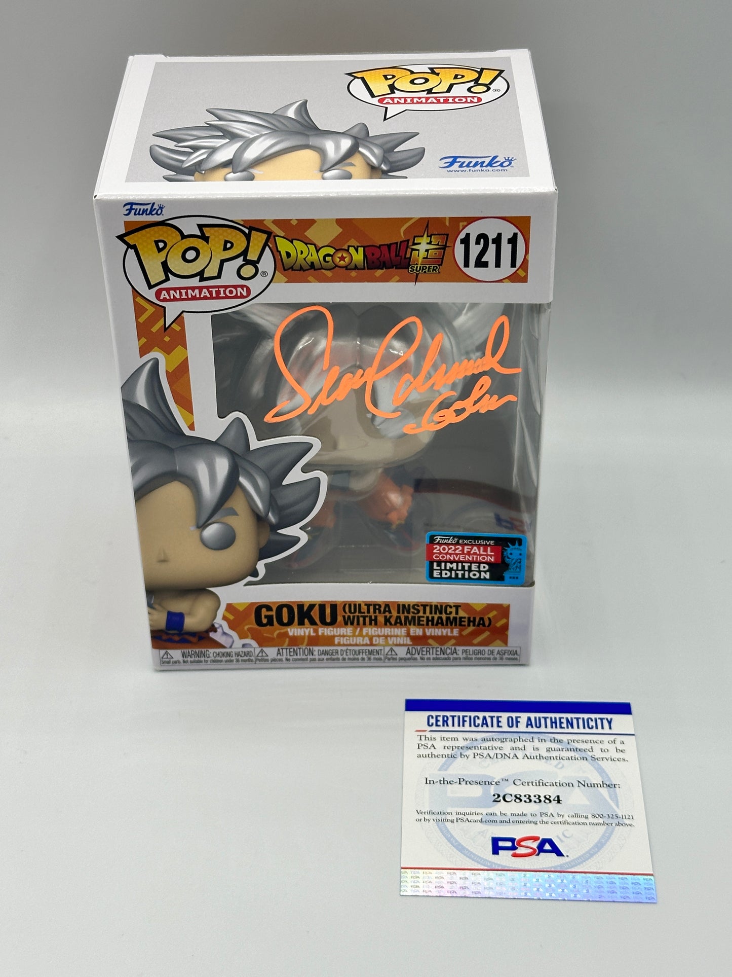 GRAIL SIGNED PSA Certificate of Authenticity SEAN SCHEMMEL Funko Pop! DBS Goku Ultra instinct with Kamehameha #1211 Funko Exclusive 2022 Fall Convention Limited Edition + PoP Protector