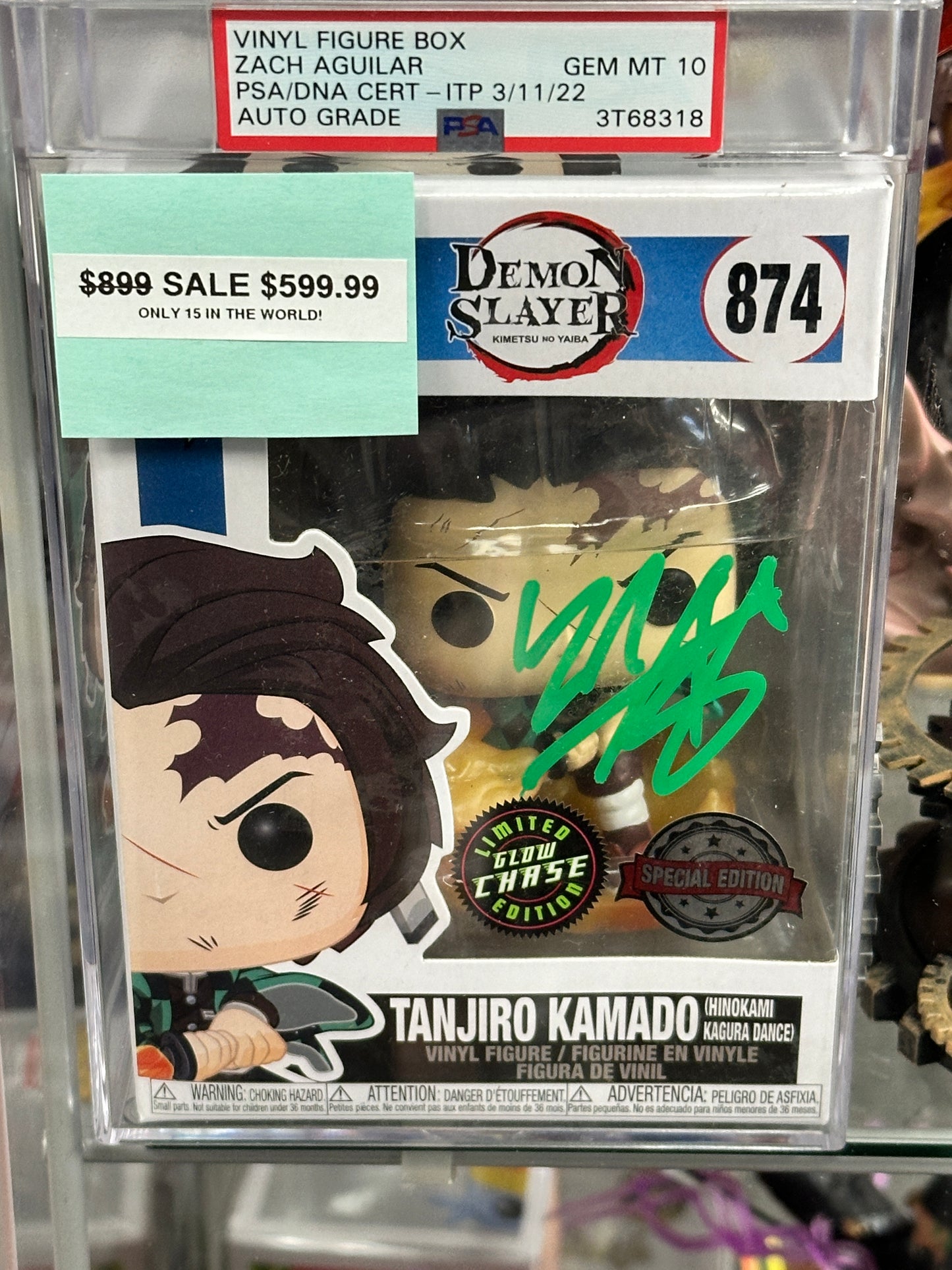 Funko Pop! Demon Slayer: Tanjiro Kamado Exclusive 874 Hinokami Kagura Dance #867 SIGNED by Zach Aguilar PSA Slab GEM MINT 10