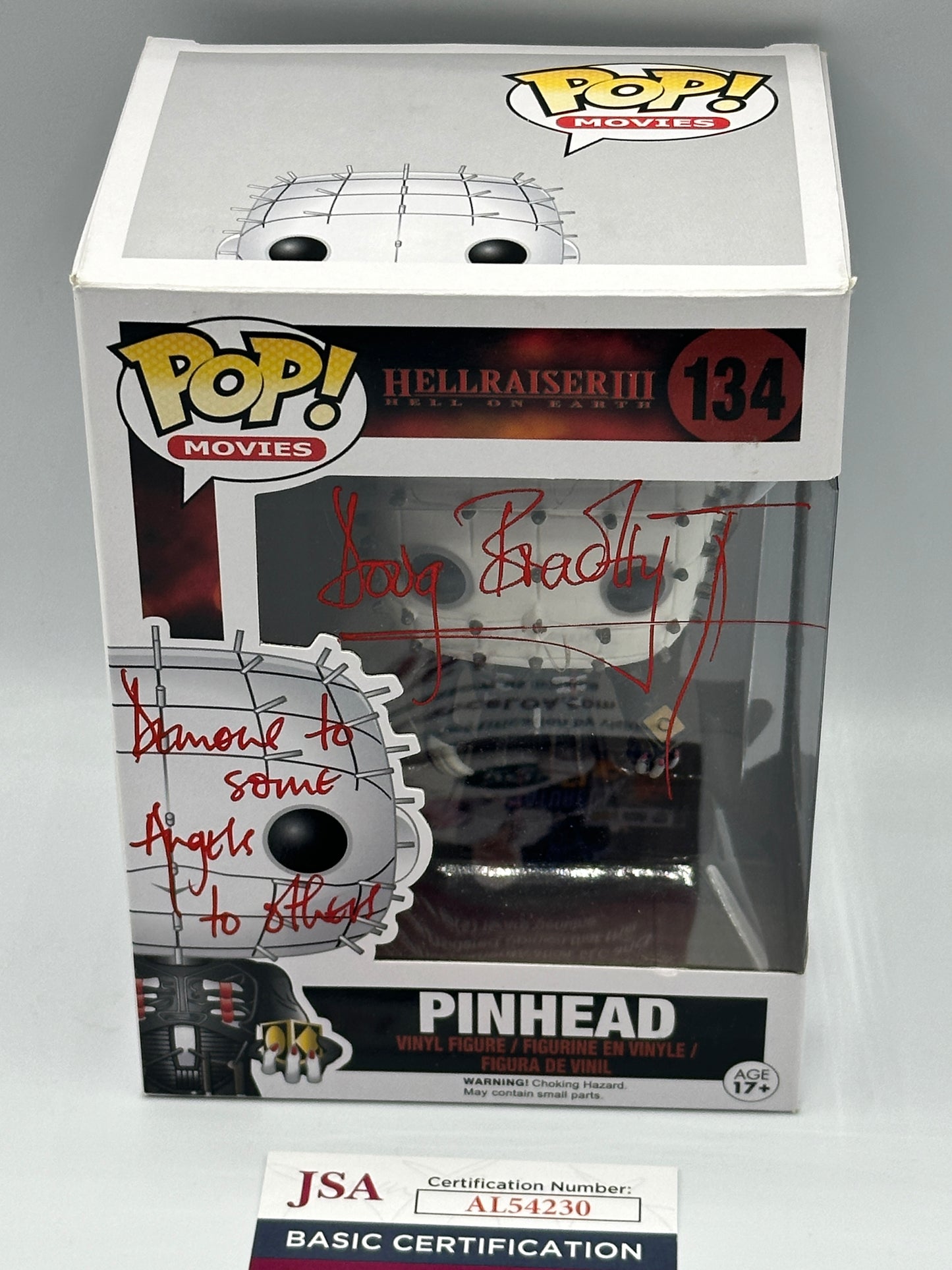 Grail - Doug Bradley Hand Signed in Red - Funko Pop Pinhead Hellraiser III Hell on earth #134 JSA COA + PoP protector