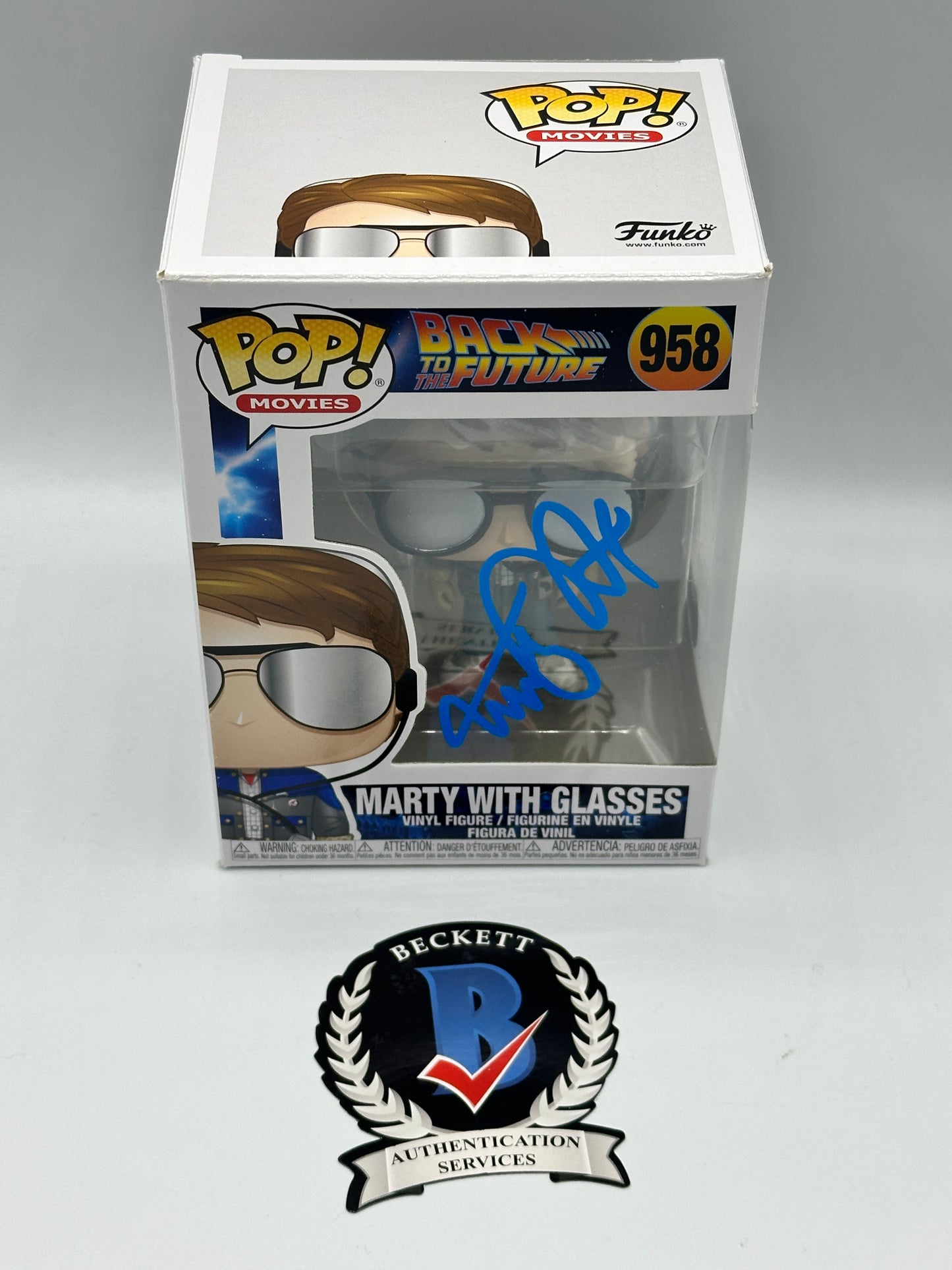 Grail - Michael J. Fox Signed Back To The Future Marty With Glasses Funko Pop #958 Beckett Authentication + Protector