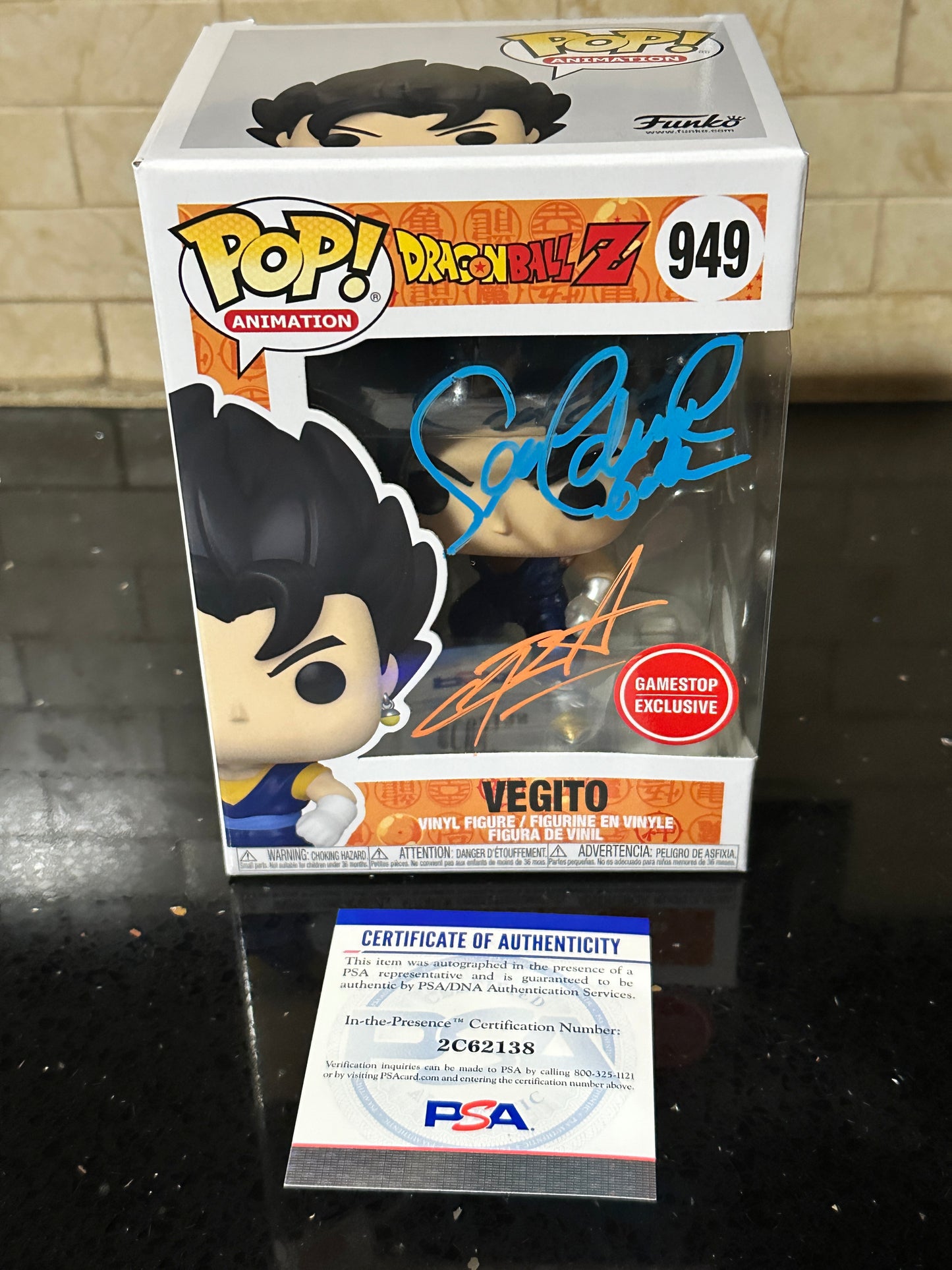 Dragon Ball Vegito Metallic GameStop Funko Pop 949 Signed Chris Sabat Sean Schemmel PSA + PoP Protector