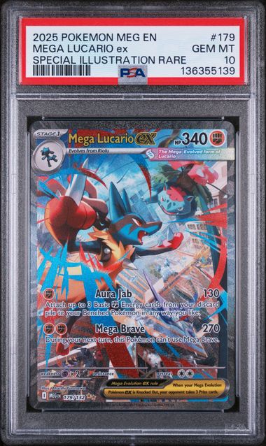 Pokemon TCG! 2025 POKEMON MEG EN-MEGA EVOLUTION #179 MEGA LUCARIO ex SPECIAL ILLUSTRATION RARE PSA 10