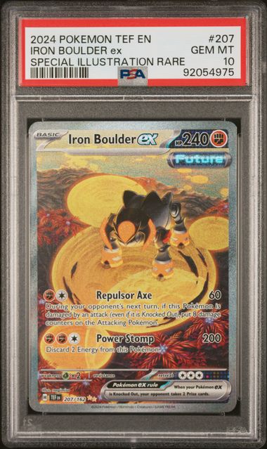 Pokemon TCG! 2024 POKEMON TEF EN-TEMPORAL FORCES #207 IRON BOULDER ex SPECIAL ILLUSTRATION RARE PSA 10