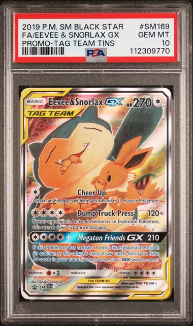 Pokemon TCG! 2019 POKEMON SUN & MOON BLACK STAR PROMOS #SM169 FA/EEVEE & SNORLAX GX PROMO-TAG TEAM TINS PSA 10