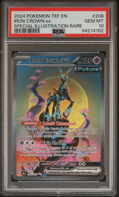 Pokemon TCG! 2024 POKEMON TEF EN-TEMPORAL FORCES #206 IRON CROWN ex SPECIAL ILLUSTRATION RARE PSA 10