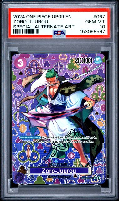 One Piece TCG! 2024 ONE PIECE OP09-EMPERORS IN THE NEW WORLD #067 ZORO-JUUROU SPECIAL ALTERNATE ART PSA 10