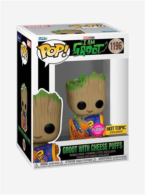 Funko POP! I AM GROOT #1196 - Groot With Cheese Puffs Hot Topic Exclusive Flocked + PROTECTOR!