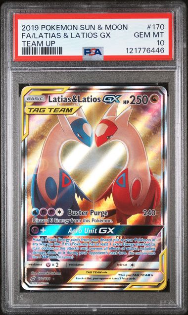 Pokemon TCG! 2019 POKEMON SUN & MOON TEAM UP #170 FA/LATIAS & LATIOS GX TEAM UP PSA 10