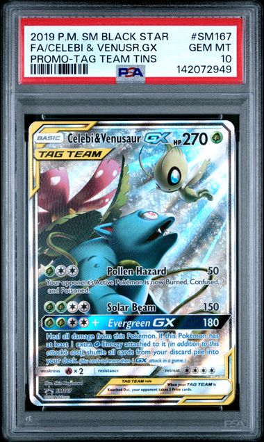 Pokemon TCG! 2019 POKEMON SM BLACK STAR PROMO #SM167 FA/CELEBI & VENUSR.GX PROMO-TAG TEAM TINS PSA 10
