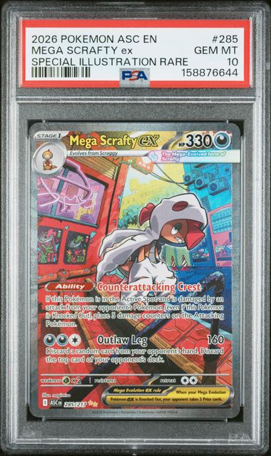 Pokemon TCG! 2026 POKEMON ASC EN-ASCENDED HEROES #285 MEGA SCRAFTY ex SPECIAL ILLUSTRATION RARE PSA 10