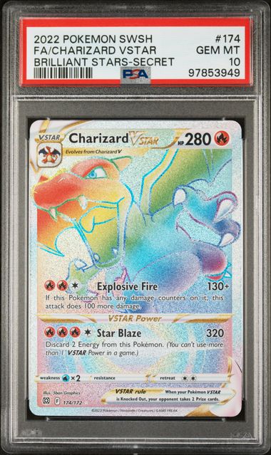 Pokemon TCG! 2022 POKEMON SWORD & SHIELD BRILLIANT STARS #174 FA/CHARIZARD VSTAR BRILLIANT STARS-SECRET PSA 10