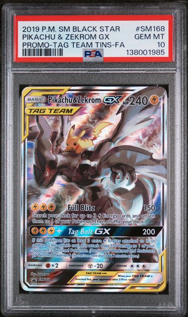 Pokemon TCG! 2019 POKEMON SM BLACK STAR PROMO #SM168 PIKACHU & ZEKROM GX PROMO-TAG TEAM TINS-FA PSA 10