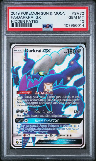 Pokemon TCG! 2019 POKEMON SUN & MOON HIDDEN FATES #SV70 FA/DARKRAI GX HIDDEN FATES PSA 10