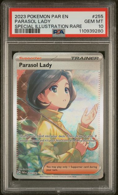 Pokemon TCG! 2023 POKEMON PAR EN-PARADOX RIFT #255 PARASOL LADY SPECIAL ILLUSTRATION RARE PSA 10