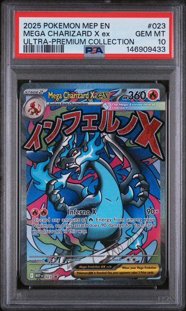 Pokemon TCG! 2025 POKEMON MEP EN-ME BLACK STAR PROMO #023 MEGA CHARIZARD X ex ULTRA-PREMIUM COLLECTION PSA 10