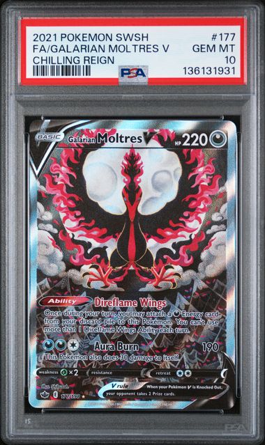 Pokemon TCG! 2021 POKEMON SWORD & SHIELD CHILLING REIGN #177 FA/GALARIAN MOLTRES V CHILLING REIGN PSA 10