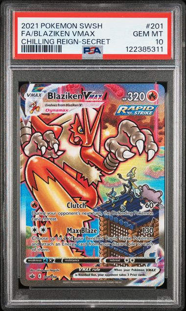 Pokemon TCG! 2021 Pokemon Sword and Shield Chilling Reign Secret Rare Blaziken Vmax #201 PSA 10