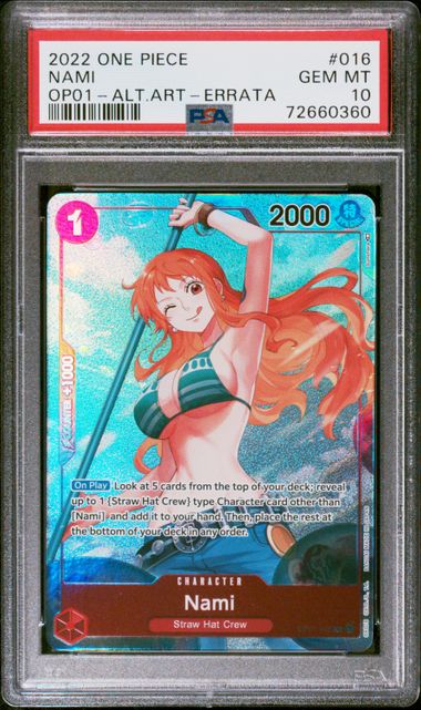 One Piece TCG! 2022 ONE PIECE OP01-ROMANCE DAWN #016 NAMI ALTERNATE ART-ERRATA PSA 10