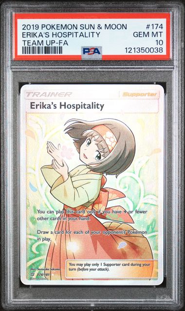 Pokemon TCG! 2019 POKEMON SUN & MOON TEAM UP #174 ERIKA'S HOSPITALITY TEAM UP-FA PSA 10
