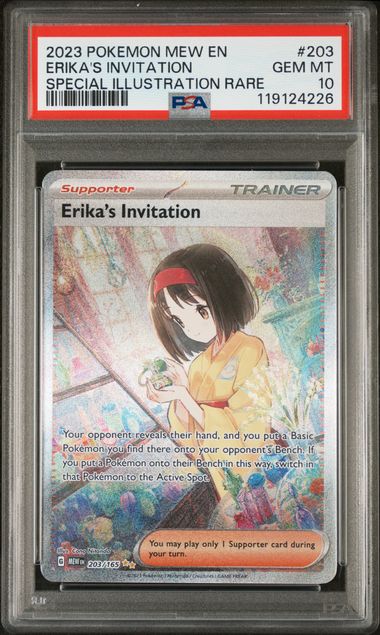 Pokemon TCG! 2023 POKEMON MEW EN-151 #203 ERIKA'S INVITATION SPECIAL ILLUSTRATION RARE PSA 10