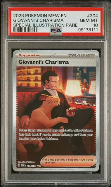 Pokemon TCG! 2023 POKEMON MEW EN-151 #204 GIOVANNI'S CHARISMA SPECIAL ILLUSTRATION RARE PSA 10