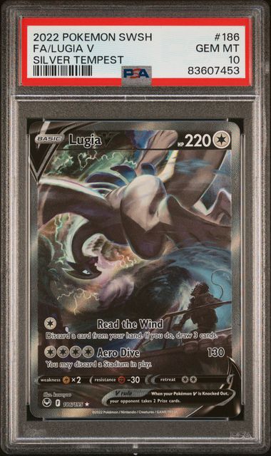 Pokemon TCG! 2022 POKEMON SWORD & SHIELD SILVER TEMPEST #186 FA/LUGIA V SILVER TEMPEST PSA 10