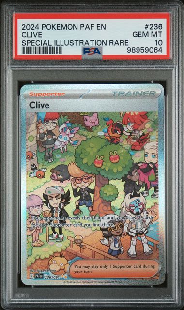 Pokemon TCG! 2024 POKEMON PAF EN-PALDEAN FATES #236 CLIVE SPECIAL ILLUSTRATION RARE PSA 10