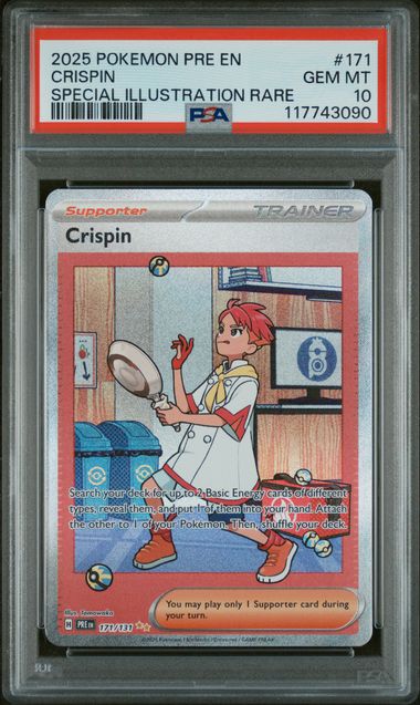 Pokemon TCG! 2025 POKEMON PRE EN-PRISMATIC EVOLUTIONS #171 CRISPIN SPECIAL ILLUSTRATION RARE PSA 10