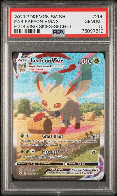 Pokemon TCG! 2021 POKEMON SWORD & SHIELD EVOLVING SKIES #205 FA/LEAFEON VMAX EVOLVING SKIES-SECRET PSA 10