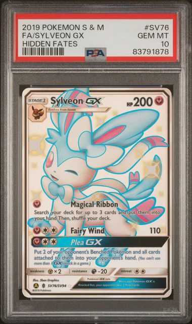 Pokemon TCG! 2019 POKEMON SUN & MOON HIDDEN FATES #SV76 FA/SYLVEON GX HIDDEN FATES PSA 10