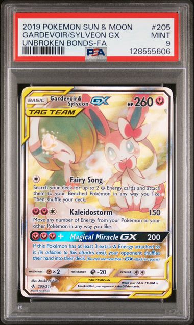Pokemon TCG! 2019 POKEMON SUN & MOON UNBROKEN BONDS #205 GARDEVOIR/SYLVEON GX UNBROKEN BONDS-FA PSA 9