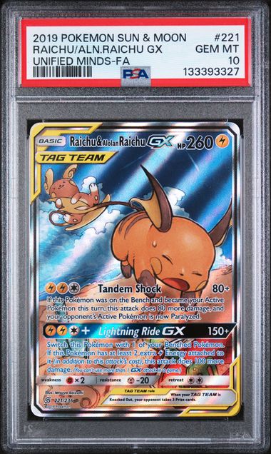 Pokemon TCG! 2019 POKEMON SUN & MOON UNIFIED MINDS #221 RAICHU/ALN.RAICHU GX UNIFIED MINDS-FA PSA 10