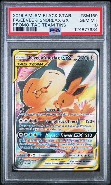 Pokemon TCG! 2019 POKEMON SM BLACK STAR PROMO #SM169 FA/EEVEE & SNORLAX GX PROMO-TAG TEAM TINS PSA 10