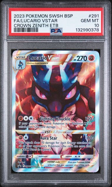 Pokemon TCG! 2023 POKEMON SWSH BLACK STAR PROMO #291 FA/LUCARIO VSTAR CROWN ZENITH ETB PSA 10