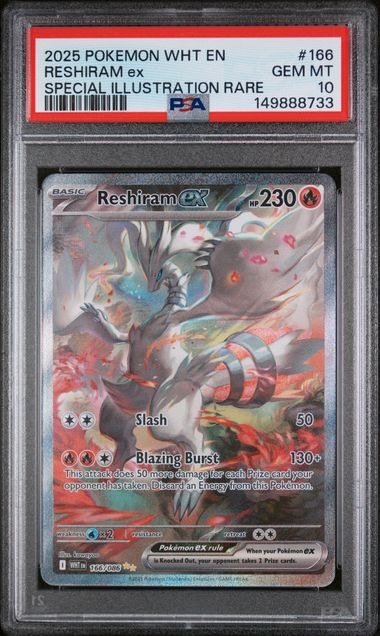 Pokemon TCG! 2025 POKEMON WHT EN-WHITE FLARE #166 RESHIRAM ex SPECIAL ILLUSTRATION RARE PSA 10