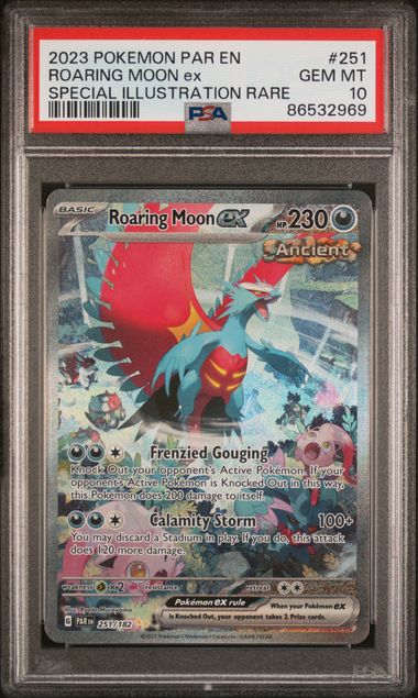 Pokemon TCG! 2023 POKEMON PAR EN-PARADOX RIFT #251 ROARING MOON ex SPECIAL ILLUSTRATION RARE PSA 10