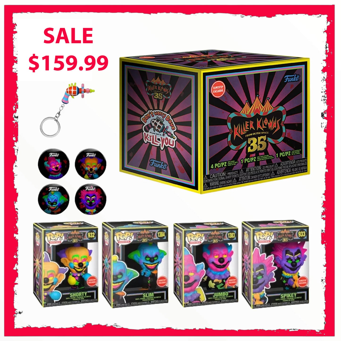 New Sealed Killer Klowns from Outer Space 35th Anniversary Black Light Pop! Figures Collector's Box
