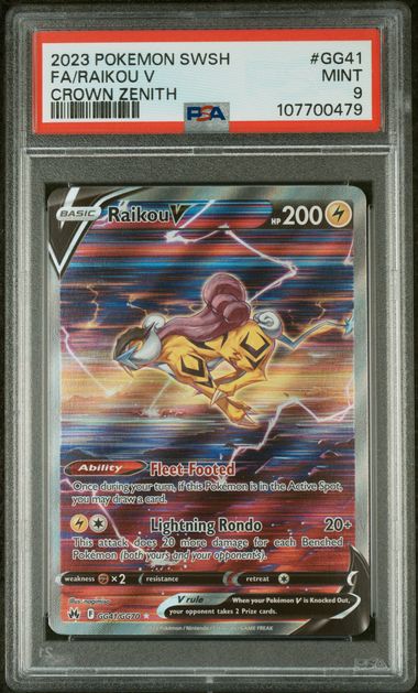 Pokemon TCG! 2023 POKEMON SWORD AND SHIELD CROWN ZENITH #GG41 FA/RAIKOU V CROWN ZENITH PSA 9