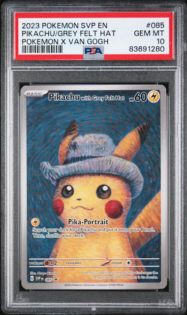 Pokemon TCG! 2023 POKEMON SVP EN-SV BLACK STAR PROMO #085 PIKACHU/GREY FELT HAT POKEMON X VAN GOGH PSA 10