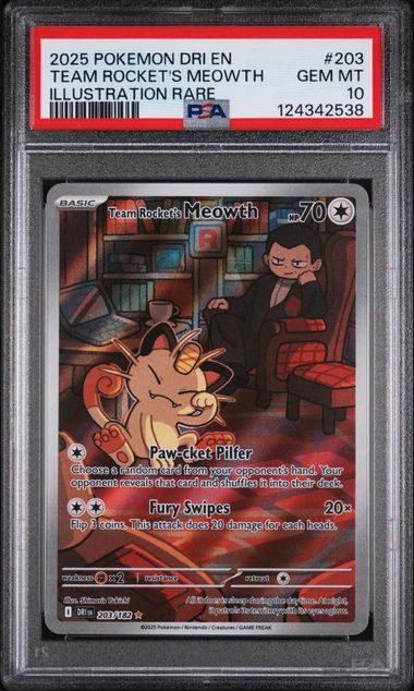 2025 POKEMON DRI EN-DESTINED RIVALS #203 TEAM ROCKET'S MEOWTH ILLUSTRATION RARE PSA 10