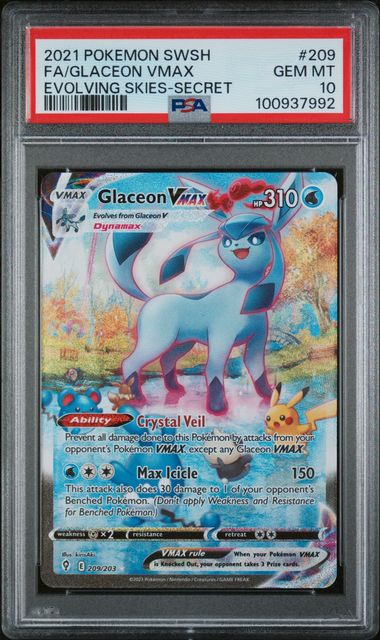 Pokemon TCG! 2021 POKEMON SWORD & SHIELD EVOLVING SKIES #209 FA/GLACEON VMAX EVOLVING SKIES-SECRET PSA 10