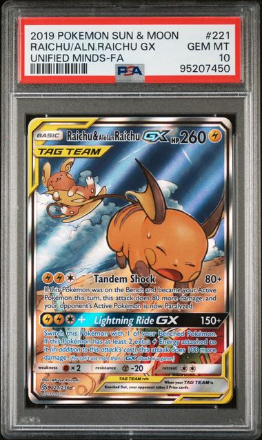 Pokemon TCG! 2019 POKEMON SUN & MOON UNIFIED MINDS #221 RAICHU/ALN.RAICHU GX UNIFIED MINDS-FA PSA 10